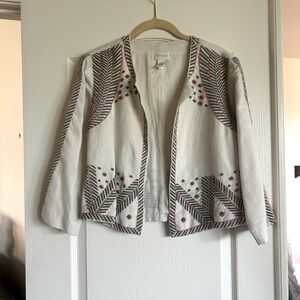 Chico’s linen cotton embroidered beaded buttonless jacket size small